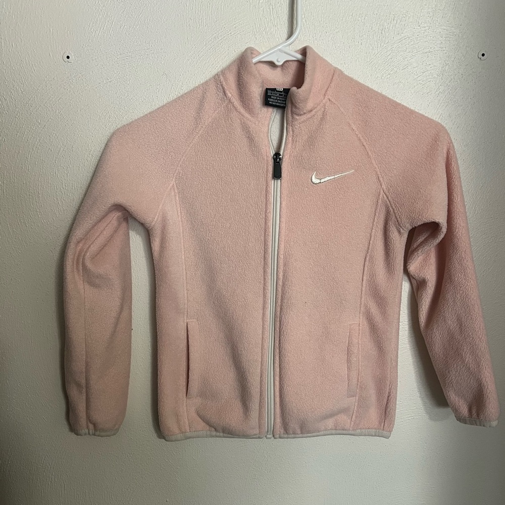 NIKE Classic Embroidered Logo Casual Fleece Full Zip Jacket Pink White Girl's 6X